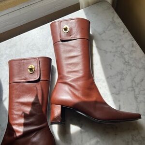 Coach Women's Brown Leather Mid-Calf Heel Boots with Gold Turnlock